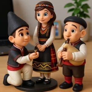 Тройна фигурка в народни носии с музикант и младоженци